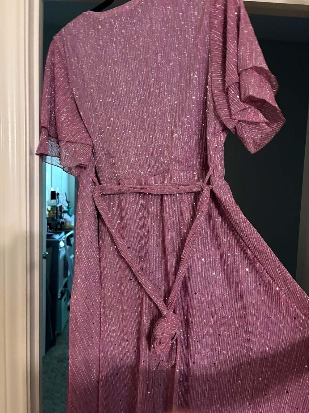 BloomChic V-Neck Metallic Pleated Ruffle Sleeve Maxi Dress - Picture 2 of 4